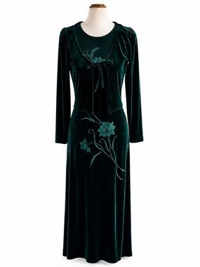 Vintage One Up USA Emerald Green Velvet Beaded Embroidered Open Back Gown M